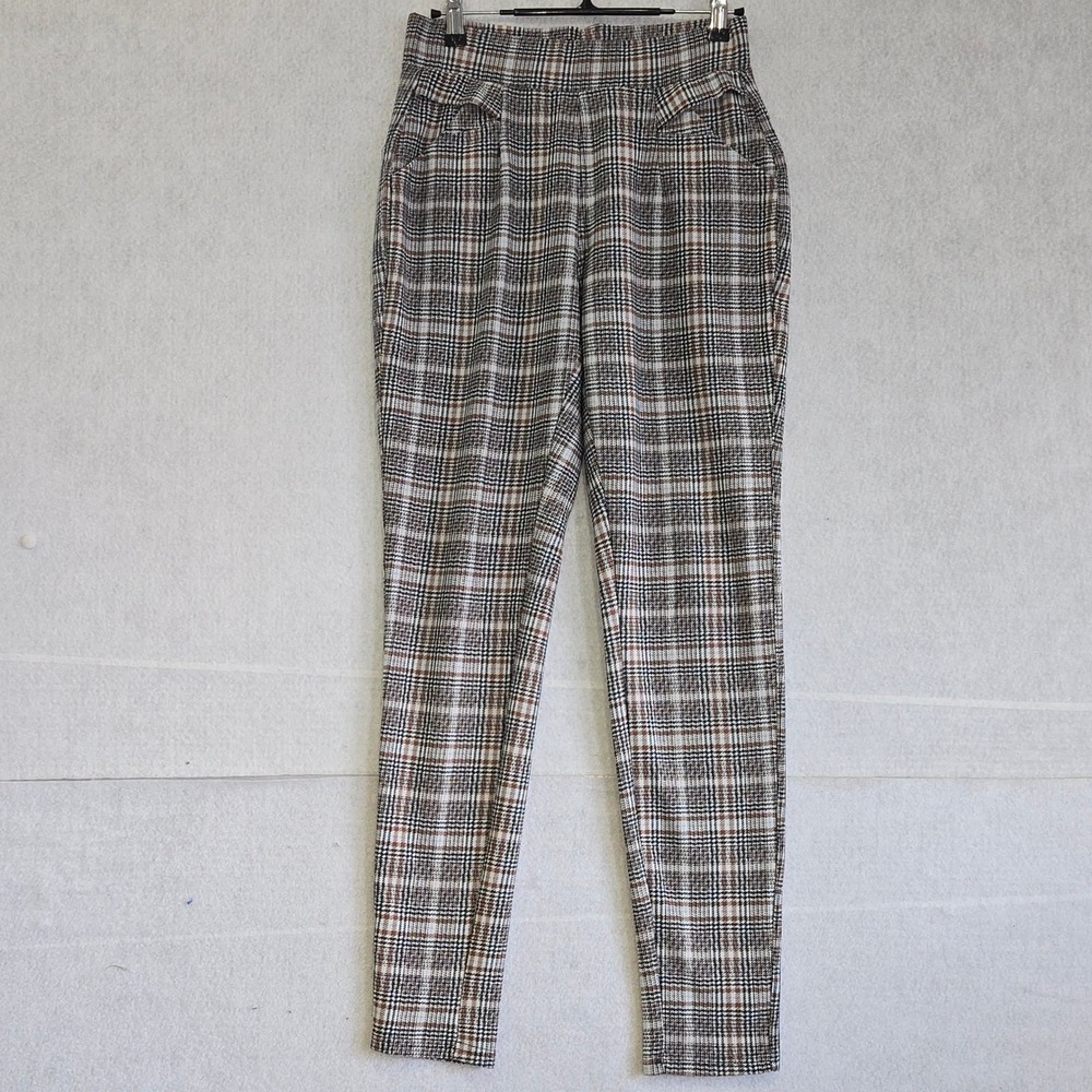 Indero Womens Plaid Houndstooth Skinny Pants Brown Black White Size S/M 0522